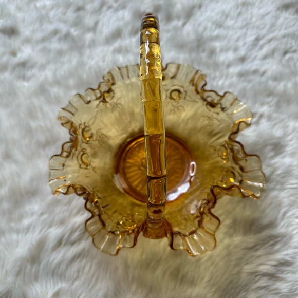 Vintage Amber Art Glass Basket Thumbprint Ruffled Edge Fenton Dish - Picture 2 of 8